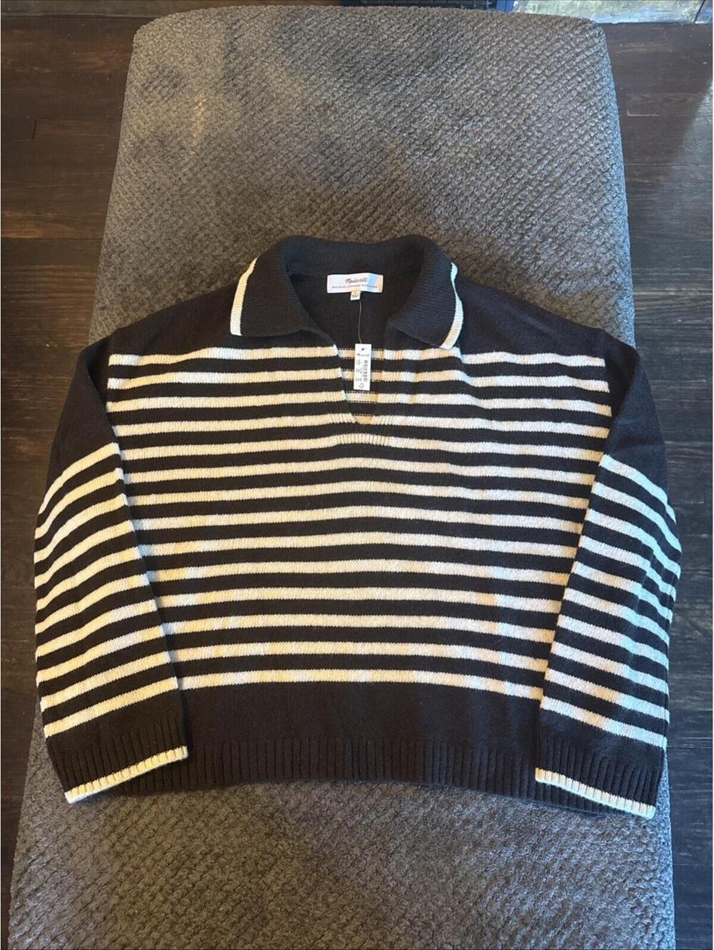 NWT Madewell Women’s S Black White Stripe sweater Johnny collar cashmere Wool